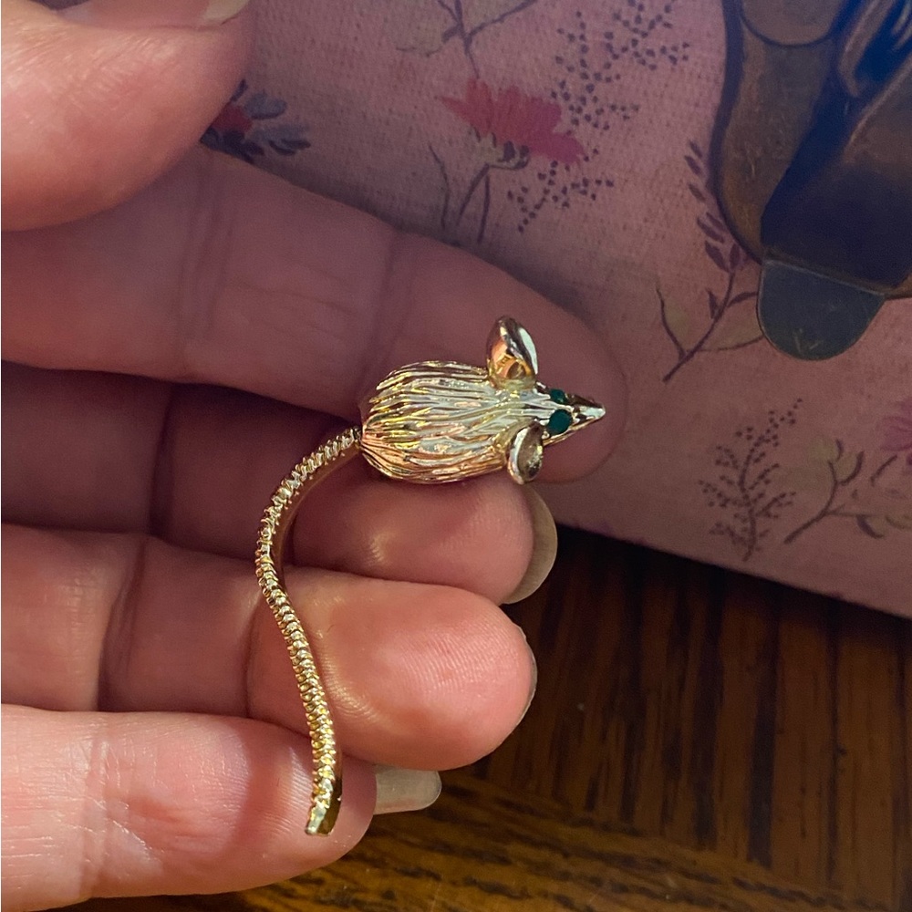 Vintage Gold Mouse Brooch with Green Eyes Flexible Moving Tail